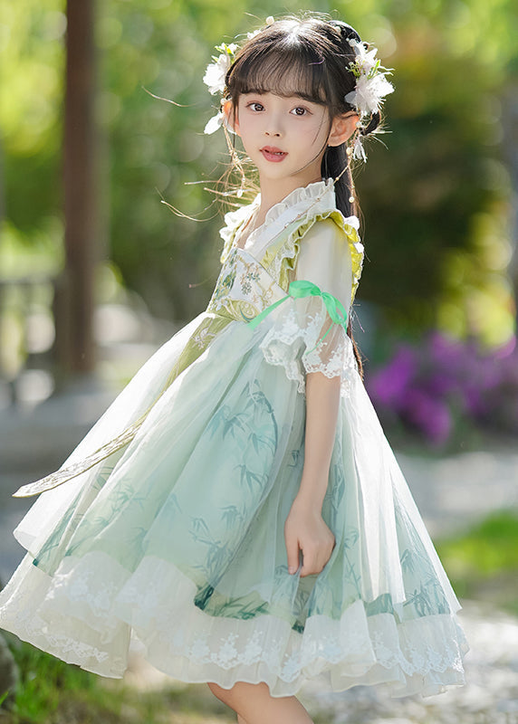 Neck Dress Ruffled Chic Patchwork V Maxi Green Chiffon Kids FashionChic