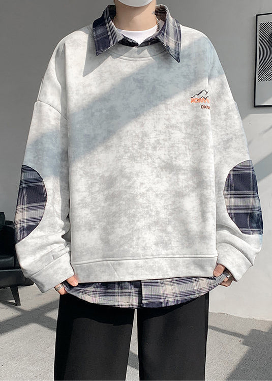 Warm Tie Sweatshirts Mens Chic Plaid Patchwork Grey Dye Fleece FashionChic