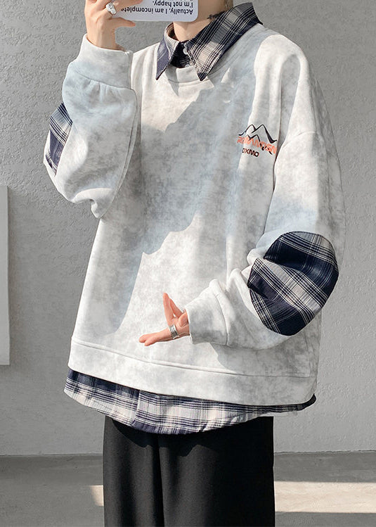 Warm Tie Sweatshirts Mens Chic Plaid Patchwork Grey Dye Fleece FashionChic