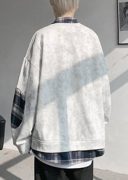 Warm Tie Sweatshirts Mens Chic Plaid Patchwork Grey Dye Fleece FashionChic