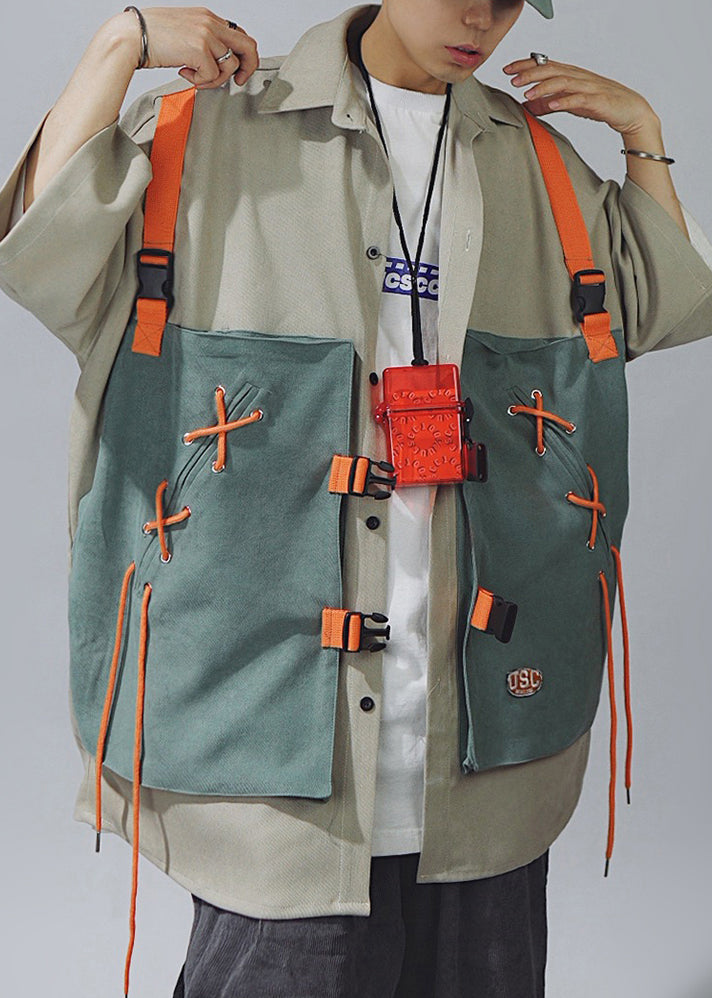 Shirts Lace Sleeve Up Men Cotton Half Chic T Patchwork Khaki FashionChic