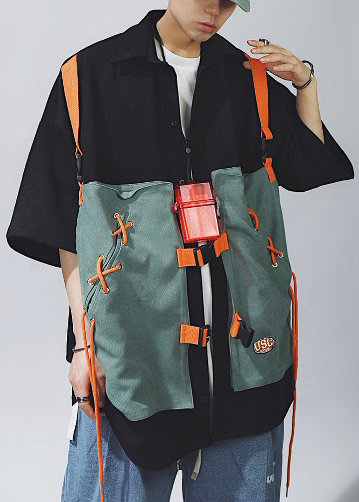 Shirts Lace Sleeve Up Men Cotton Half Chic T Patchwork Khaki FashionChic