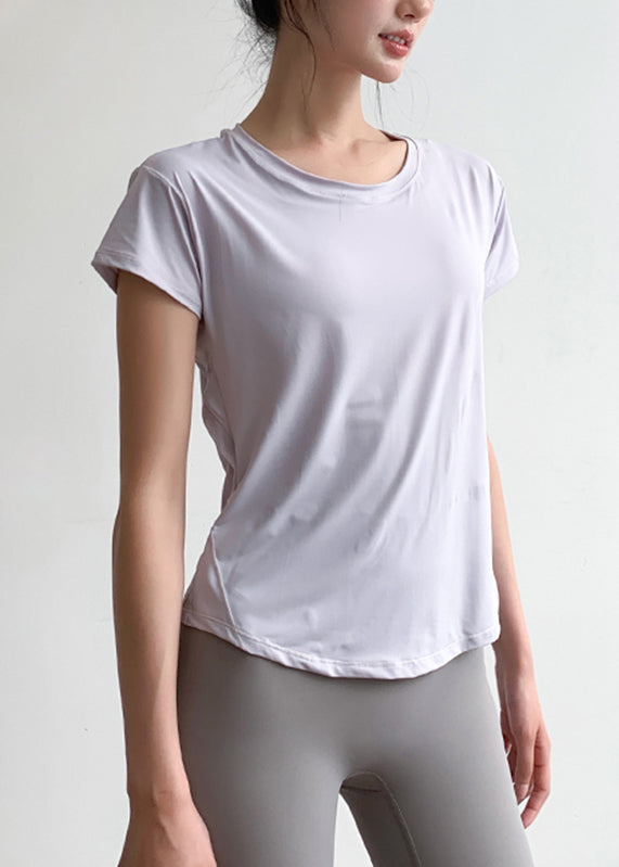Patchwork Short Light Yoga Tulle Sleeve Blue Top Chic FashionChic