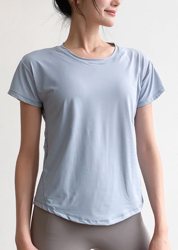 Patchwork Short Light Yoga Tulle Sleeve Blue Top Chic FashionChic