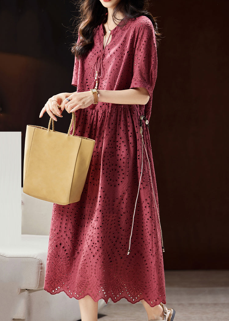Chic Mulberry V Neck Hollow Out Sashes Cotton Maxi Dress Short Sleeve WW027 OL-SDL240812