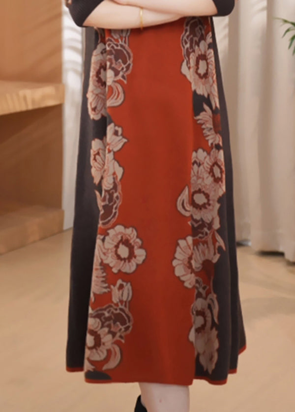 Chic Orange O Neck Print Cozy Long Knit Dress Winter RF001 ABC