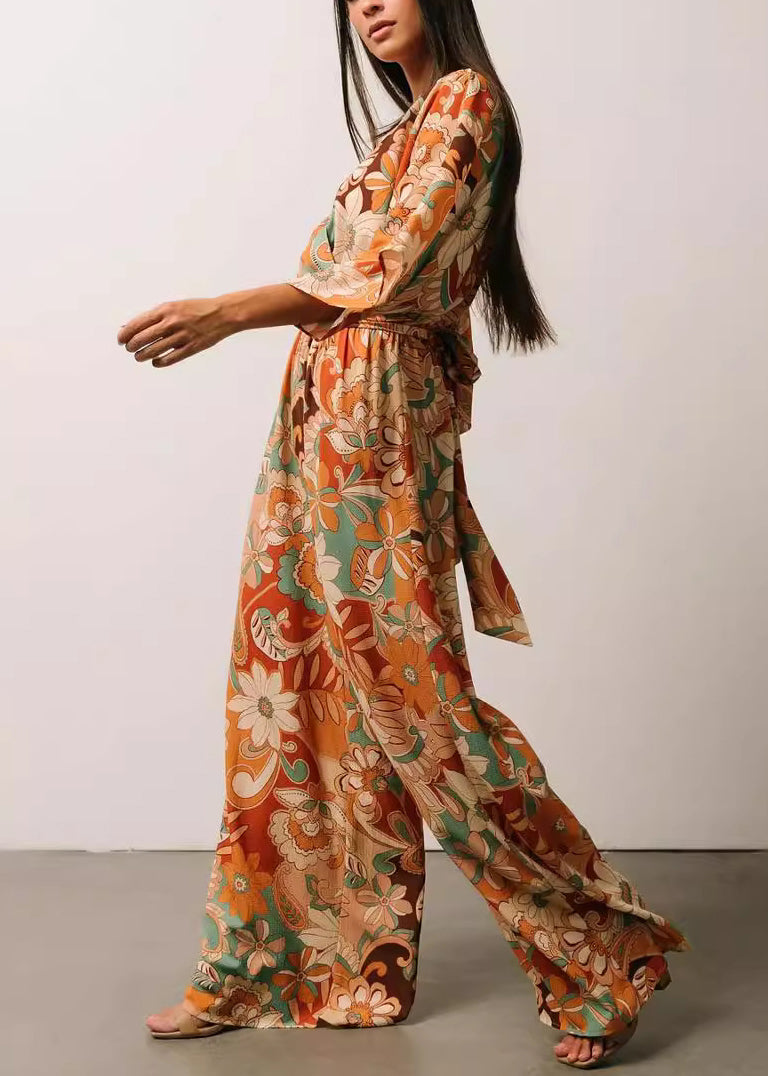 Chic Orange V Neck Print Lace Up Jumpsuits Half Sleeve AU1009 OM-ZS240902