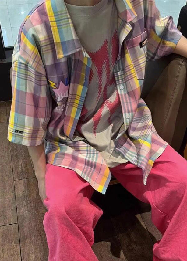 Summer Cotton Men Collar Shirt Plaid Pockets Peter Chic Pan FashionChic
