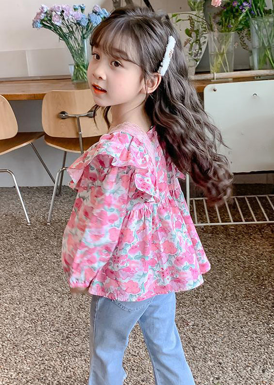 Chic Pink Ruffled Button Print Cotton Girls Shirt Long Sleeve YU1036 WS-RCTZ-LTP240529