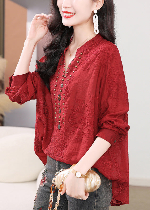 Shirts Sleeve Nail Bead Purple Embroidered Cotton Long Chic FashionChic