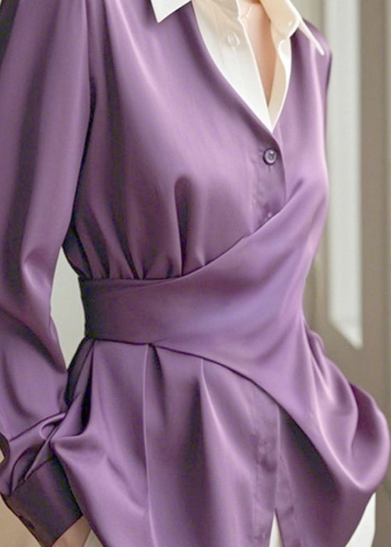 Asymmetrical Collar Chic Design Silk Pan Purple Peter Shirts FashionChic