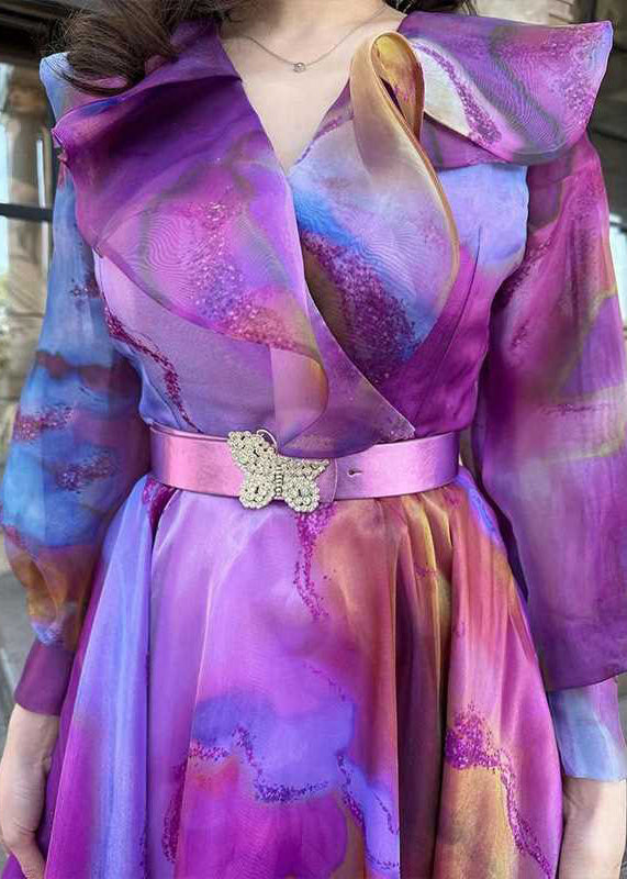 Chic Purple Print Sashes Tulle Patchwork Exra Large Hem Dress Spring WW1035 Ada Fashion