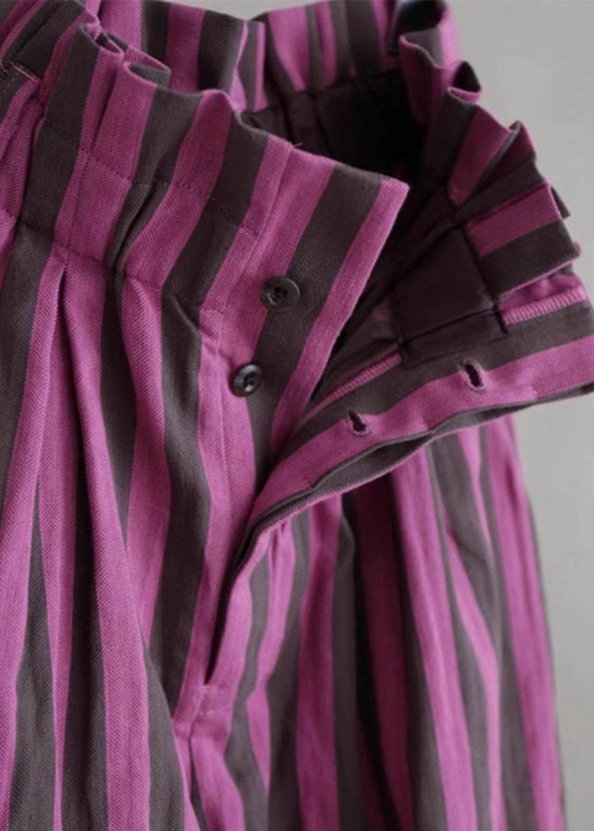 Chic Purple Striped Elastic Waist Cotton Wide Leg Pants Summer AP045 GK-LPTS240718