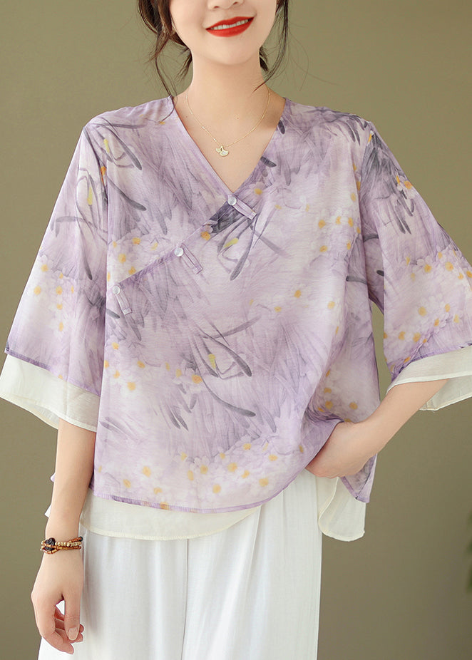 Chic Purple V Neck Button Print Cotton Shirt Flare Sleeve JH068 MMDM-HTP240717