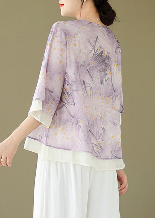 Chic Purple V Neck Button Print Cotton Shirt Flare Sleeve JH068 MMDM-HTP240717