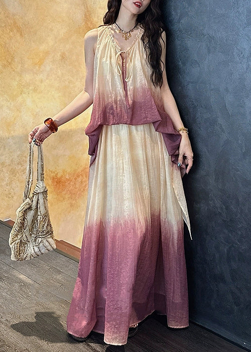 Silk Linen Purple Chic Two V Dress Pieces Ruffled False Neck FashionChic
