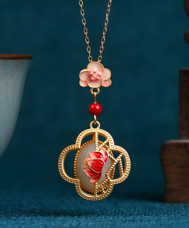 Chic Red Ancient Gold Inlaid Jade Lotus Flower Agate Pendant Necklace KX1074 Ada Fashion