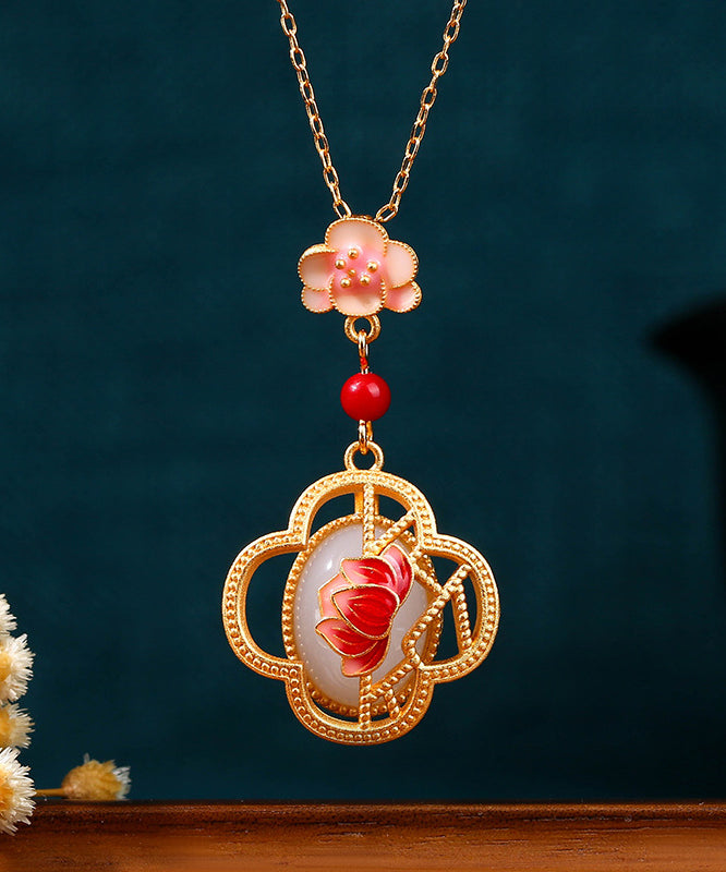 Chic Red Ancient Gold Inlaid Jade Lotus Flower Agate Pendant Necklace KX1074 Ada Fashion