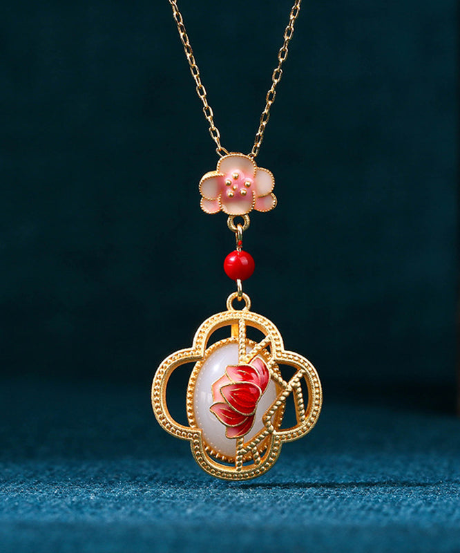 Chic Red Ancient Gold Inlaid Jade Lotus Flower Agate Pendant Necklace KX1074 Ada Fashion