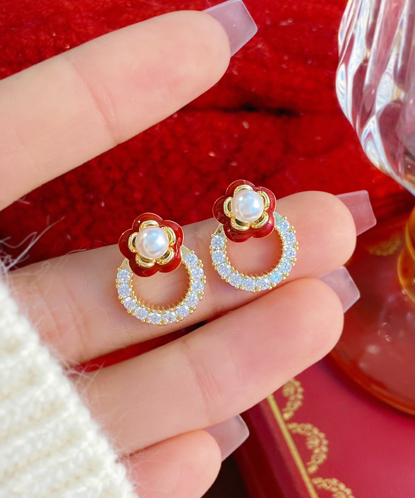Stud Alloy Flower Zircon Copper Red Chic Camellia Earrings FashionChic