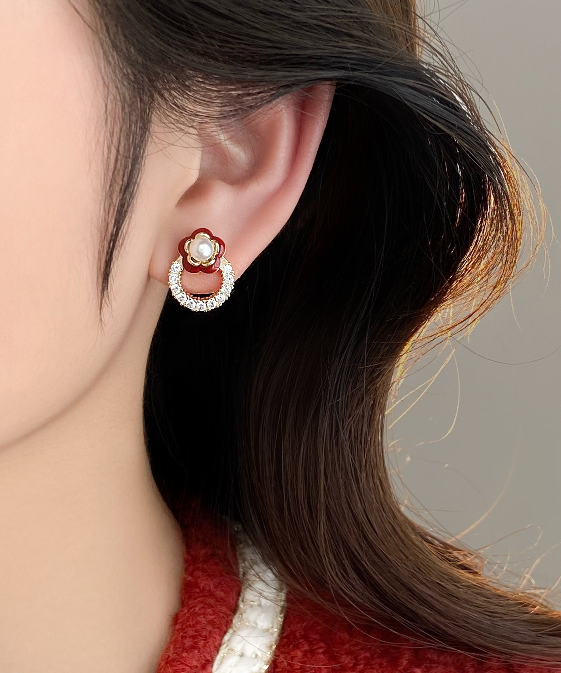 Stud Alloy Flower Zircon Copper Red Chic Camellia Earrings FashionChic
