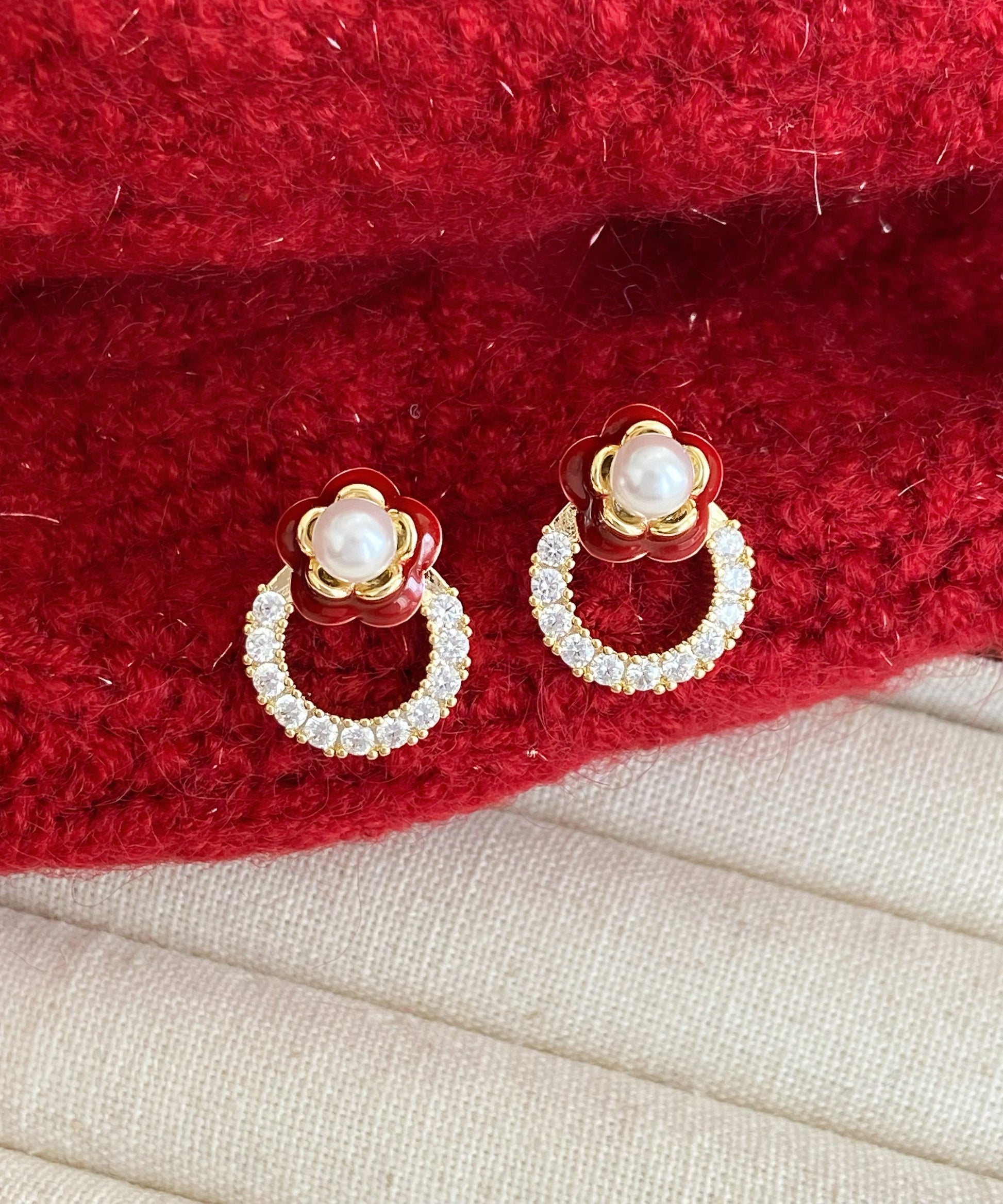 Stud Alloy Flower Zircon Copper Red Chic Camellia Earrings FashionChic