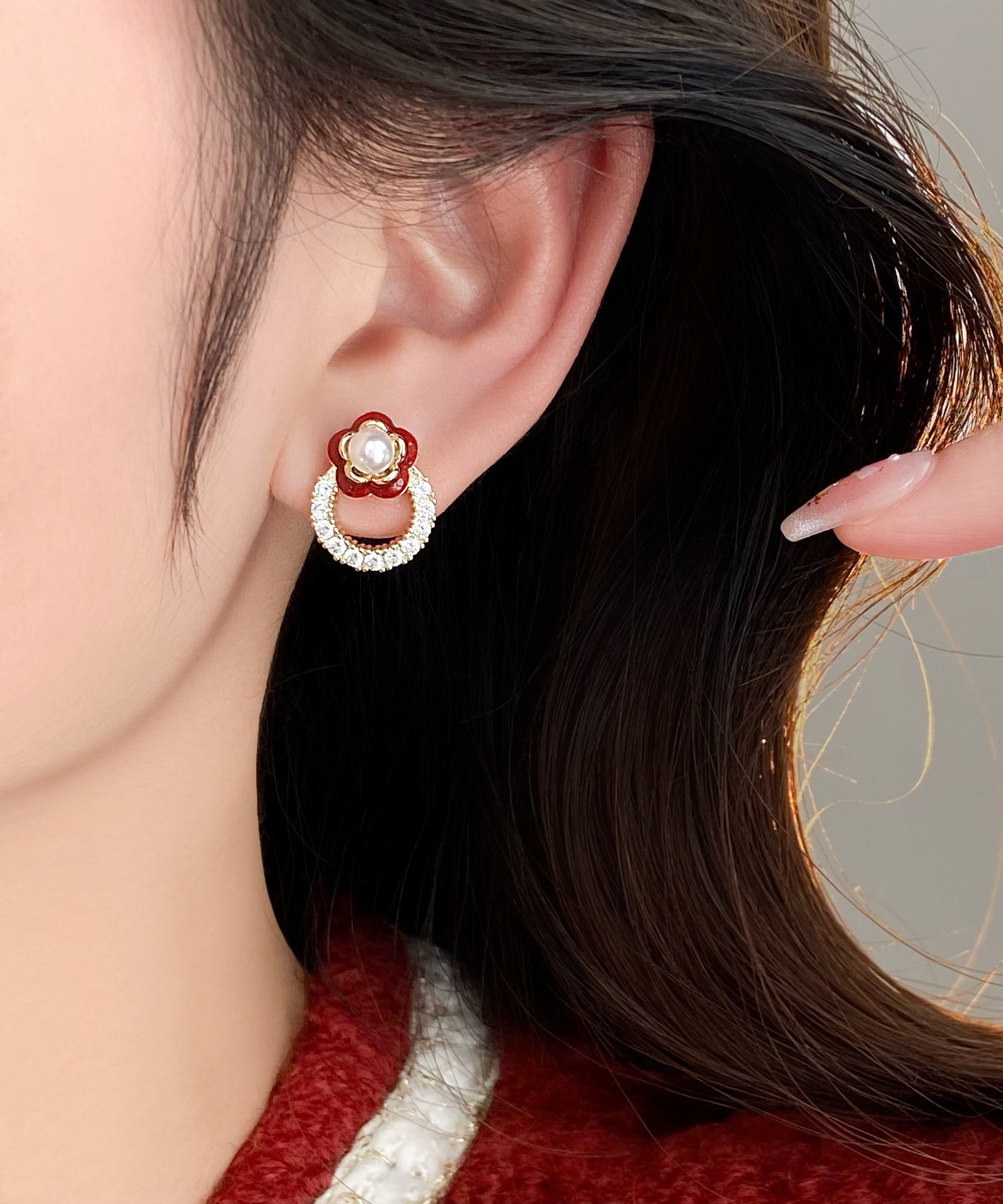 Stud Alloy Flower Zircon Copper Red Chic Camellia Earrings FashionChic
