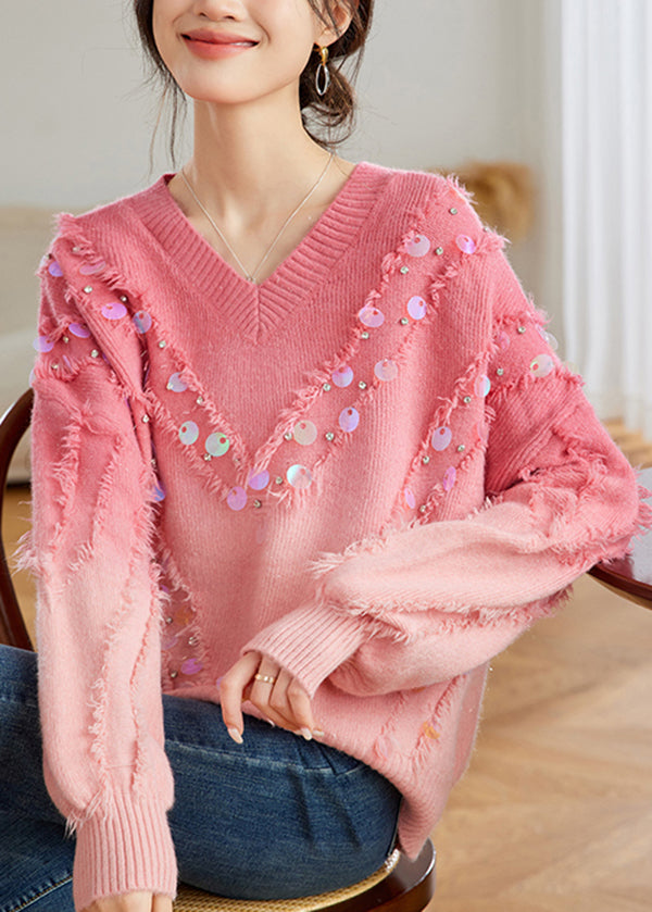 Chic Red Gradient V Neck Tassel Sequins Knit Sweater Tops Spring TQ002 ABC
