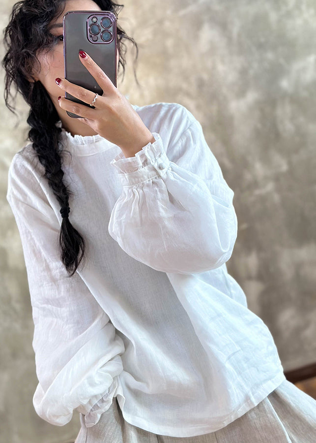 Chic Red Ruffled Linen Blouses Lantern Sleeve MZF-LTP250315