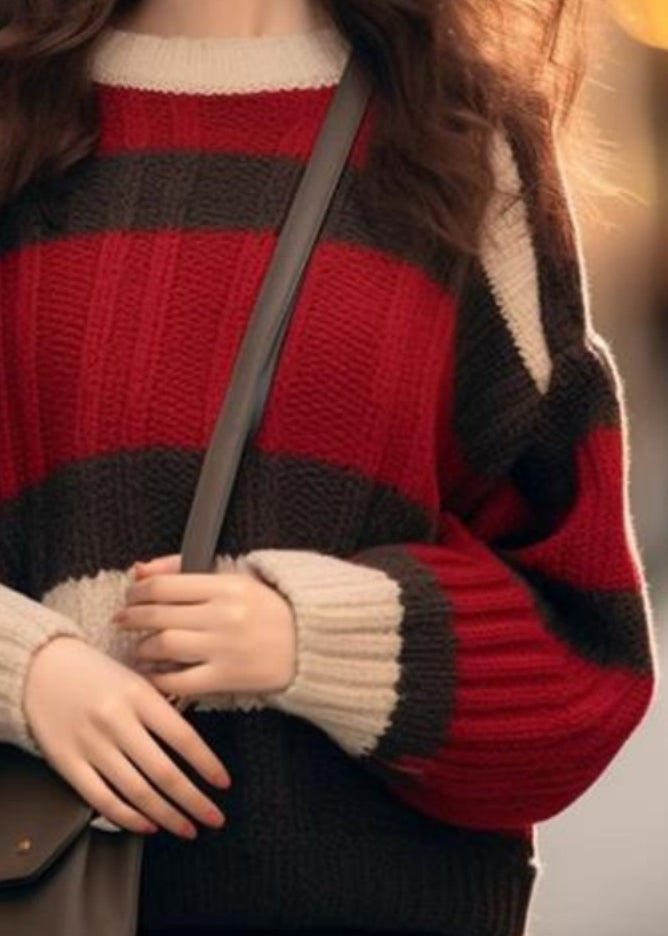 Chic Red Striped Cozy Patchwork Knit Sweater Winter WX029 ABC