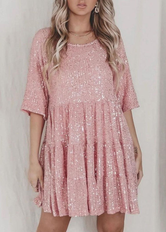 Chic Silver O Neck Sequins Cotton Mid Dress Summer AA1043 Ada Fashion