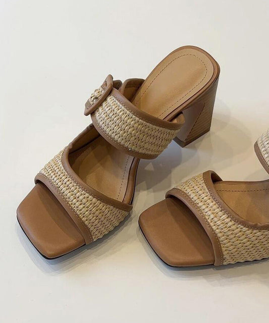 Faux Heel Chic Splicing Sandals Leather Chunky Slide Brown FashionChic