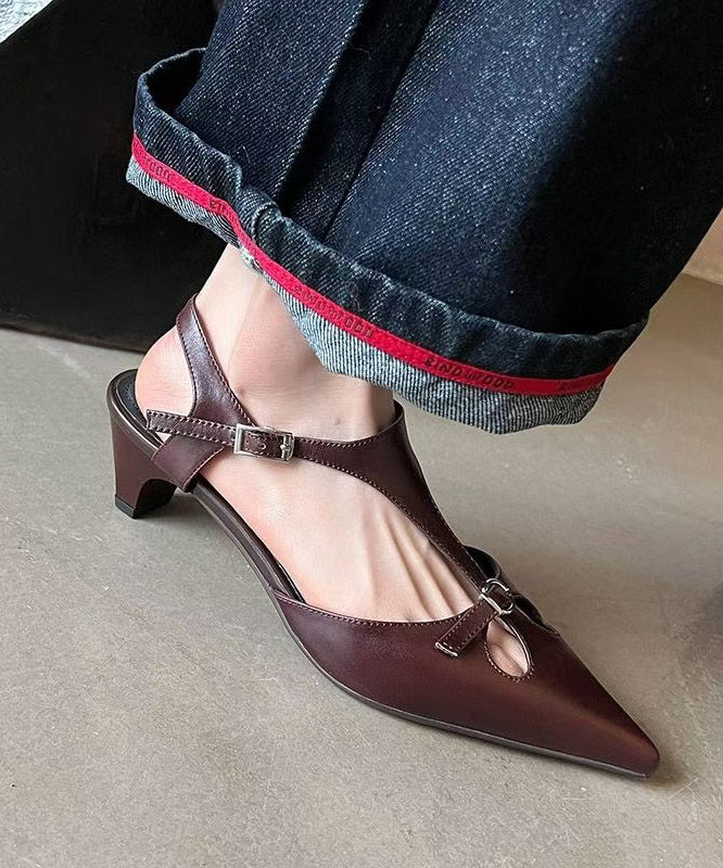 Hollow Chunky Splicing Out Brown Cowhide Sandals Leather Chic FashionChic