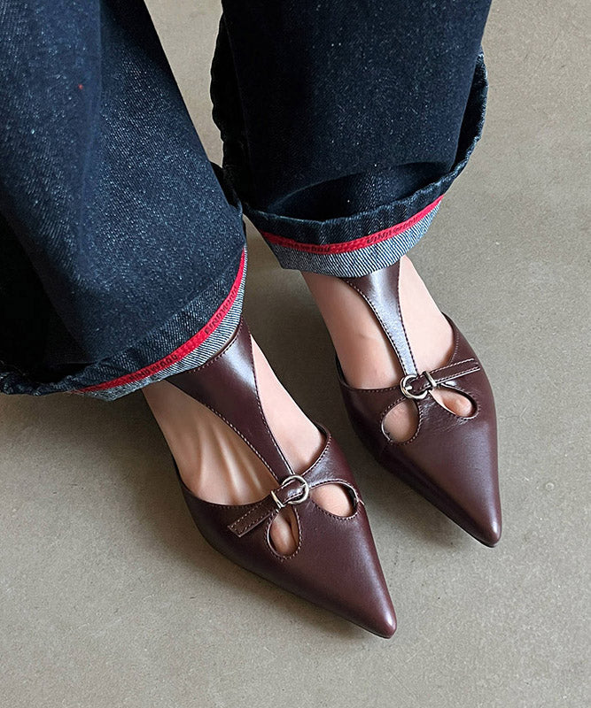 Hollow Chunky Splicing Out Brown Cowhide Sandals Leather Chic FashionChic