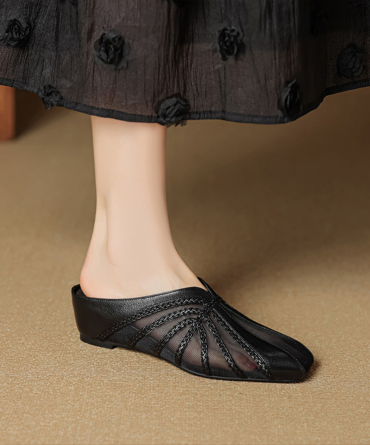 Gold Tulle Wedge Splicing Slide Cowhide Chic Sandals Leather FashionChic