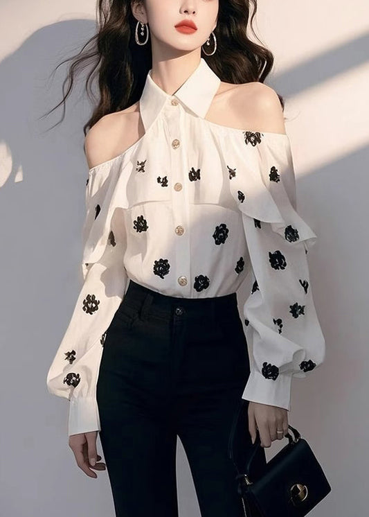Print Shoulder Chiffon Chic Cold Fall Shirt White FashionChic