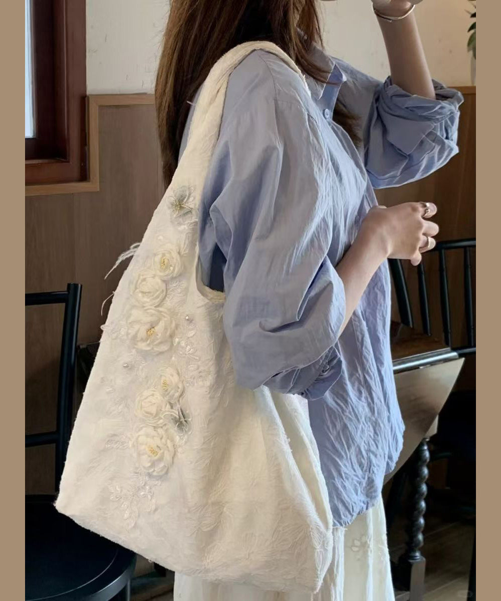Chic White Floral Decorated Canvas Satchel Handbag WI037 Bag-BGS241105