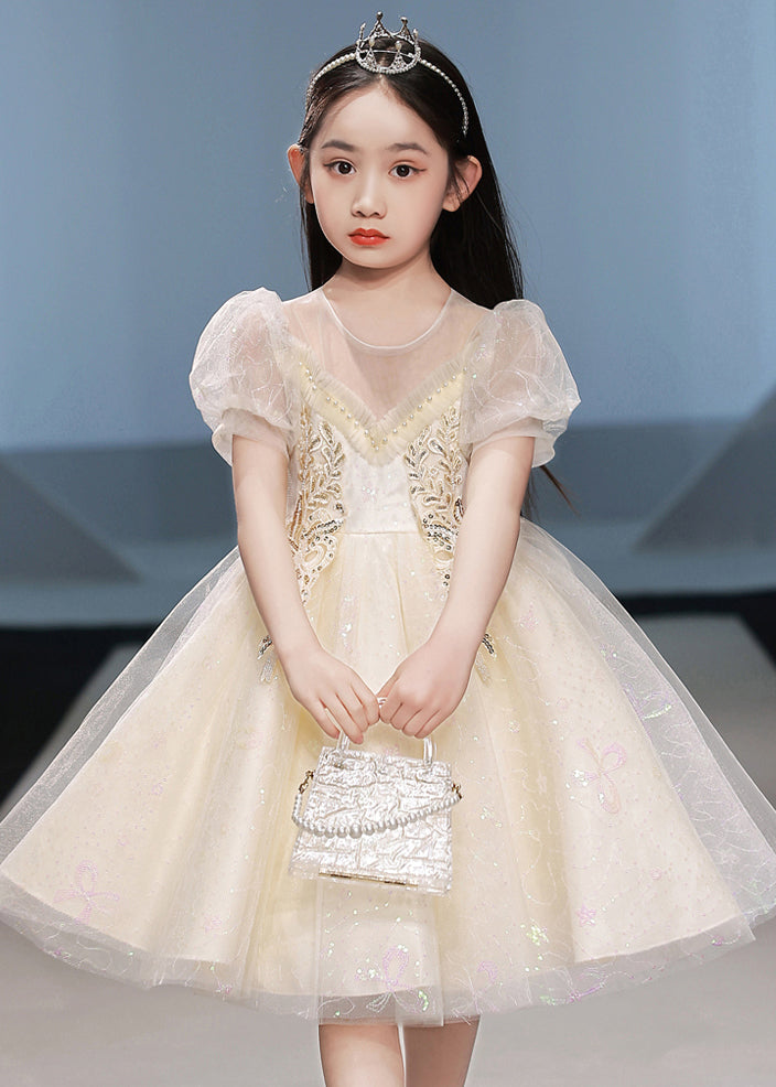 Chic White Nail Bead Patchwork Tulle Girls Vacation Maxi Dresses Short Sleeve XZ042 SDGL240618