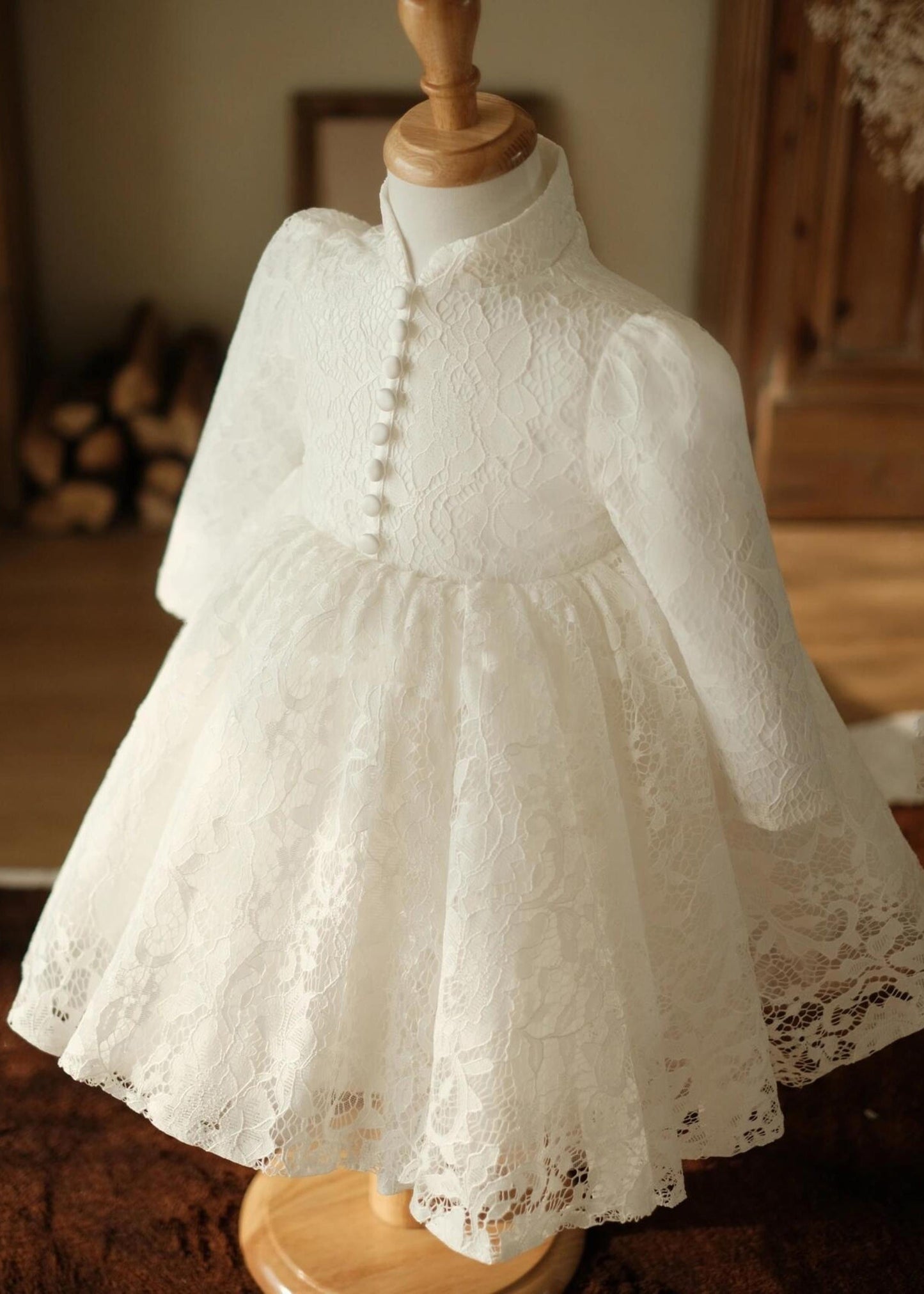 Chic White Stand Collar Button Lace Girls Maxi Dress Spring YS025 ABC