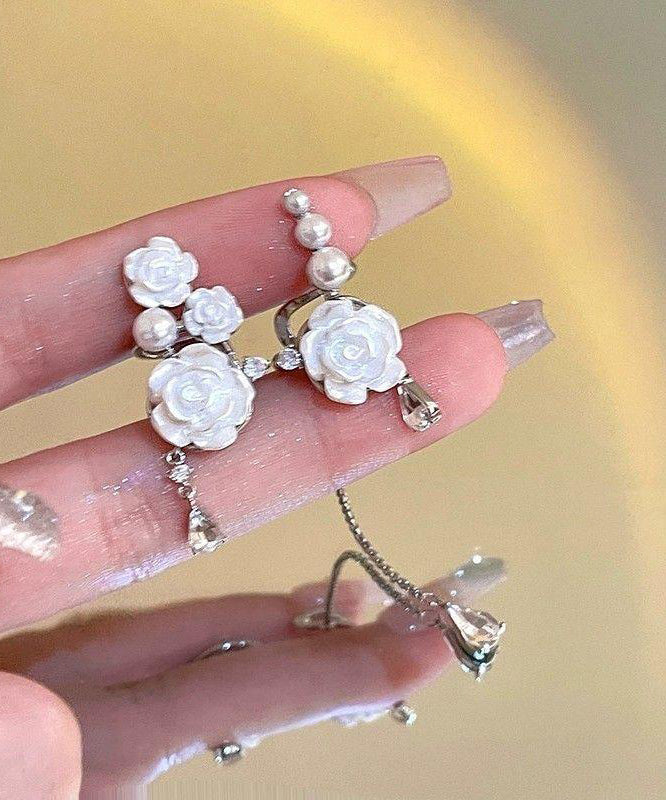 Drop Tassel Chic Earrings Rose Sterling Silver Asymmetrical White FashionChic