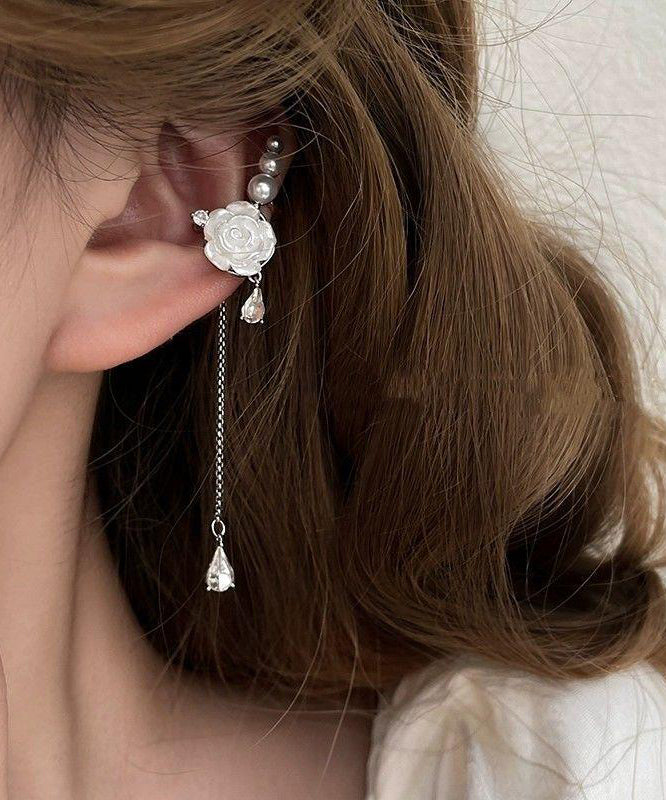 Drop Tassel Chic Earrings Rose Sterling Silver Asymmetrical White FashionChic