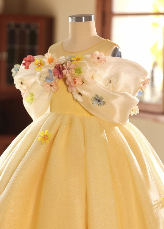 Chic Yellow O-Neck Floral Tulle Kids Long Dresses Summer YG004 ABC
