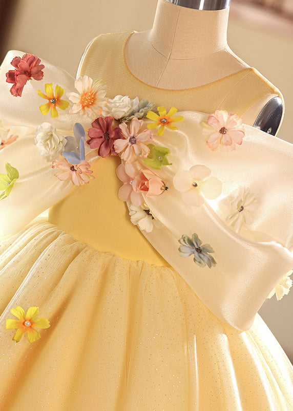 Chic Yellow O-Neck Floral Tulle Kids Long Dresses Summer YG004 ABC