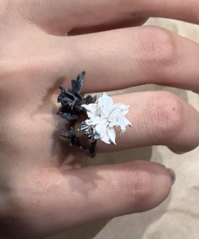 Chice Black White Stering Silver Floral Rings QJ002 JEW-RIN241021