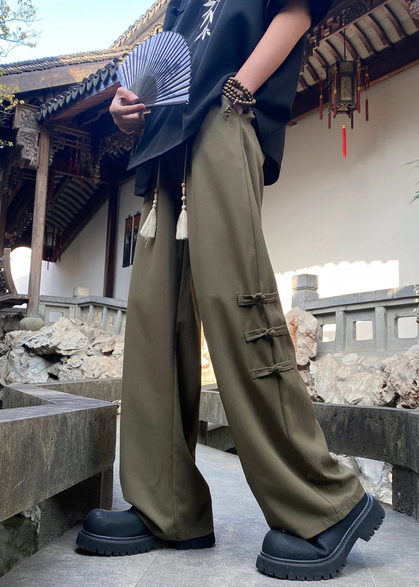 Silk Chinese Pants Waist Button Style Elastic Ice Apricot Men FashionChic