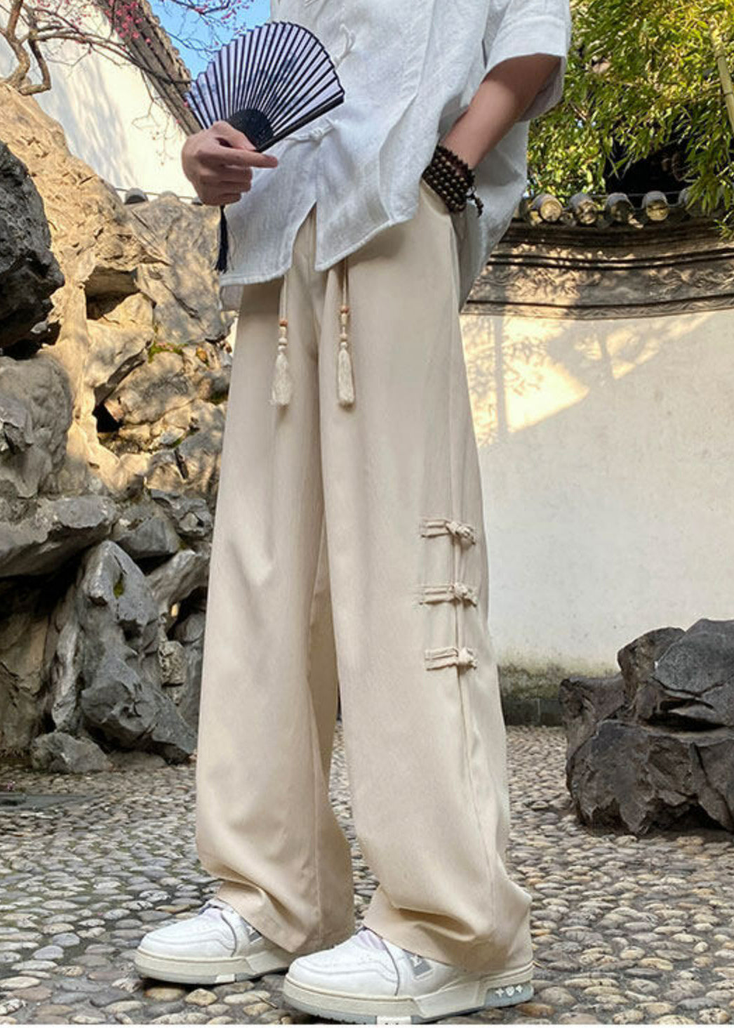 Silk Chinese Pants Waist Button Style Elastic Ice Apricot Men FashionChic