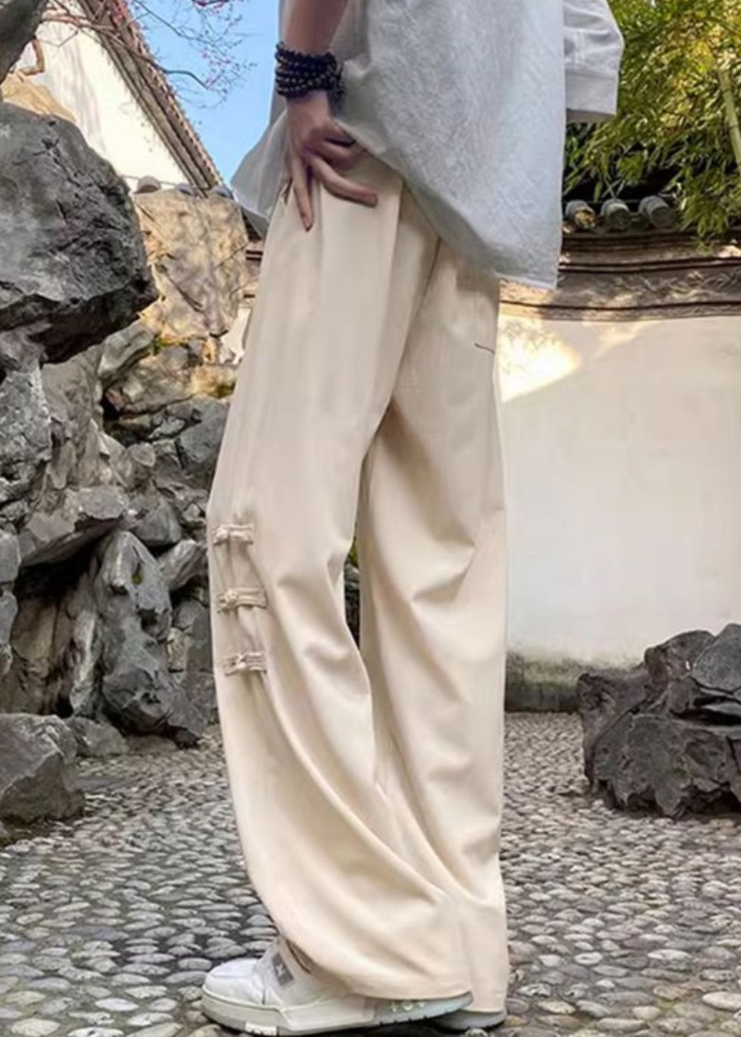 Silk Chinese Pants Waist Button Style Elastic Ice Apricot Men FashionChic