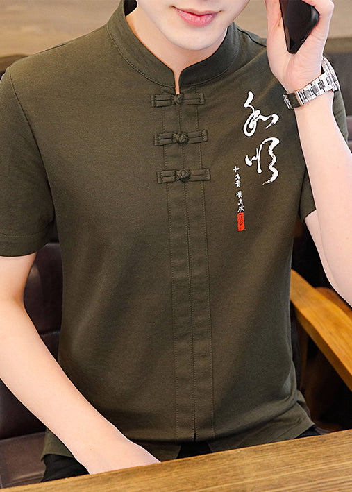 Green Mens Army Shirt Collar Cotton Chinese Stand T Style Print FashionChic