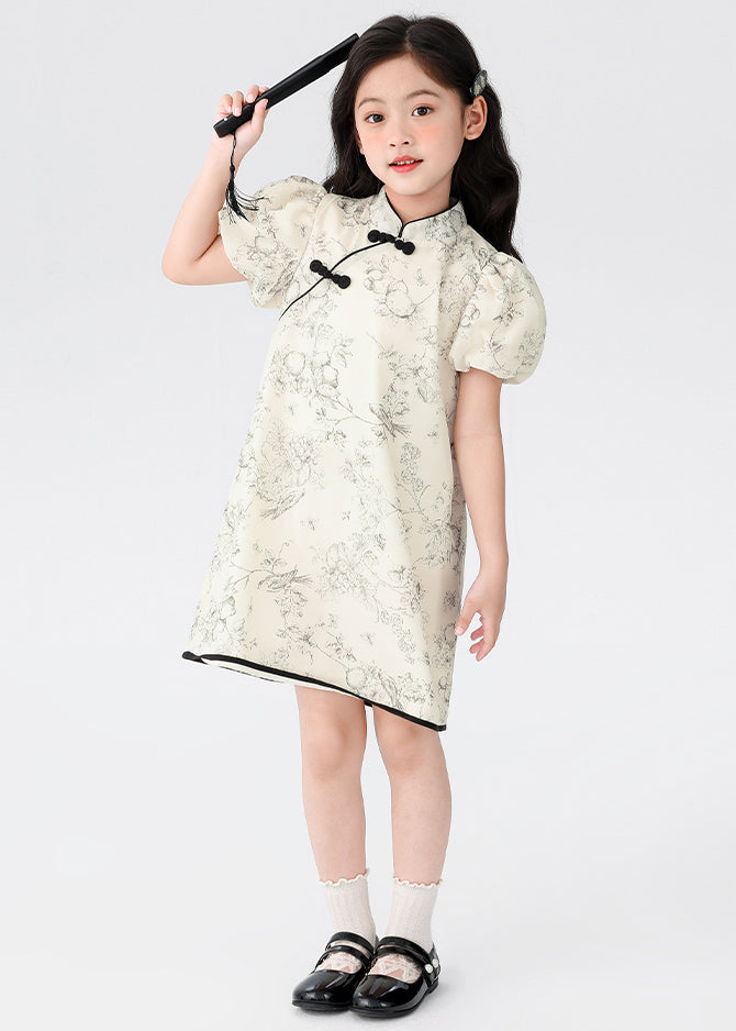 Chinese Style Beige Stand Collar Print Button Kids Mid Dress Short Sleeve MN024 MM-RCTZ-SDGM240701