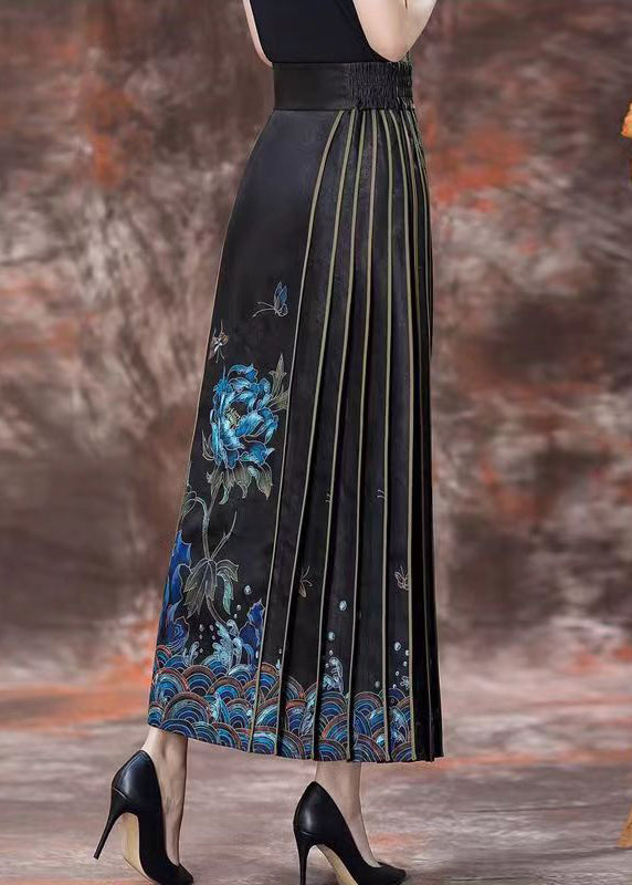 Chinese Style Black Print High Waist Silk Skirts Spring QQ1043 Ada Fashion